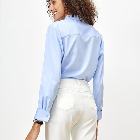 Womens Bodysuit Blouse Button Down One-Piece Long Sleeve Solid Office Work Shirt - Picture 3 of 11